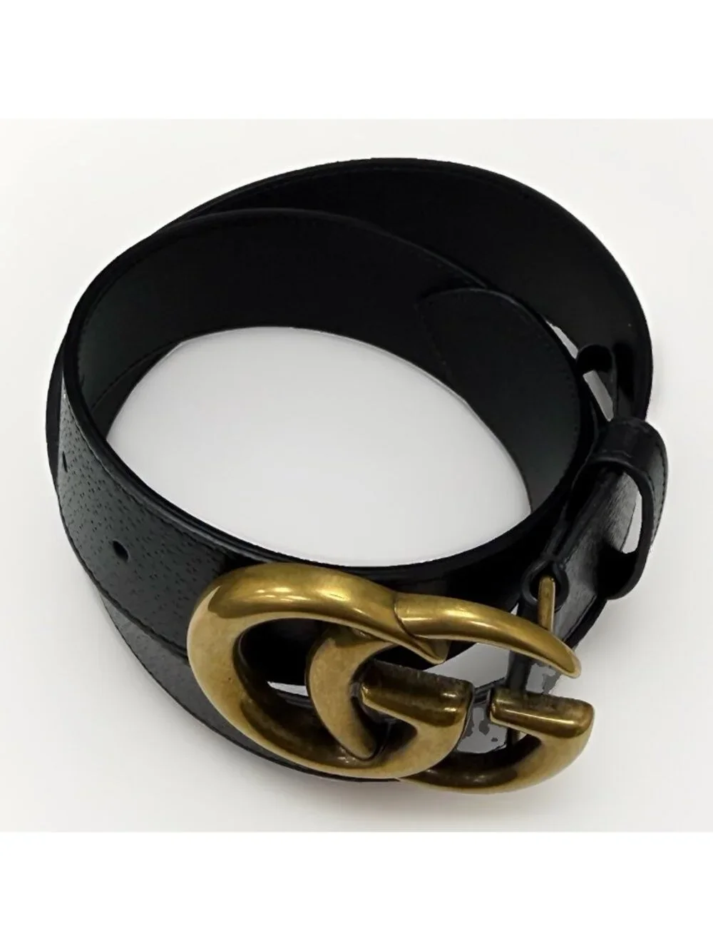 Gucci GG Marmont 1.5” Wide Textured Leather Belt 85/34 Black/Gold 406831 NEW